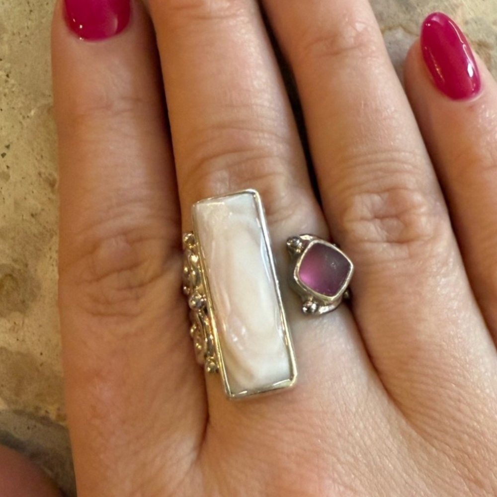 Vintage Sajen Sterling Silver Mother Of Pearl & Purple Quartz Ring Size 8